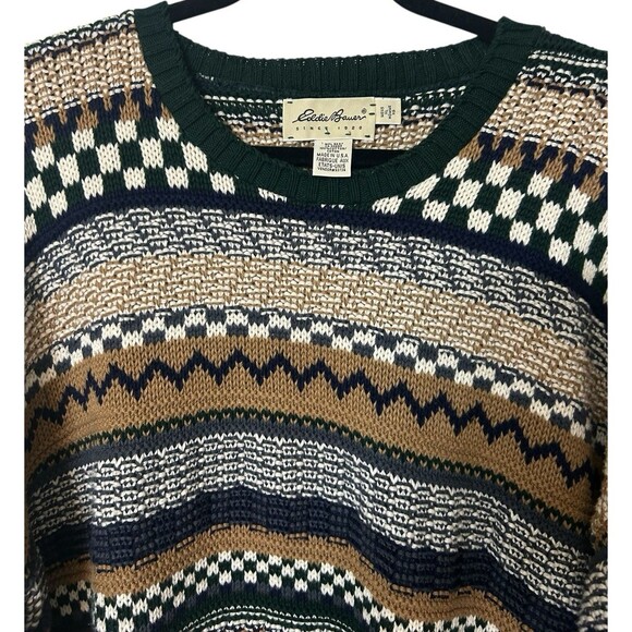 VTG 90s Eddie Bauer Mens XL Chunky Knit Striped Brown Black Sweater Cotton USA - Picture 3 of 7